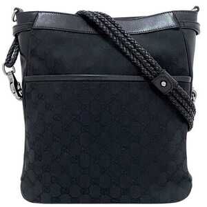 Gucci Shoulder Bag Black Leather GG Woven Crossbody Logo All over Pocket
